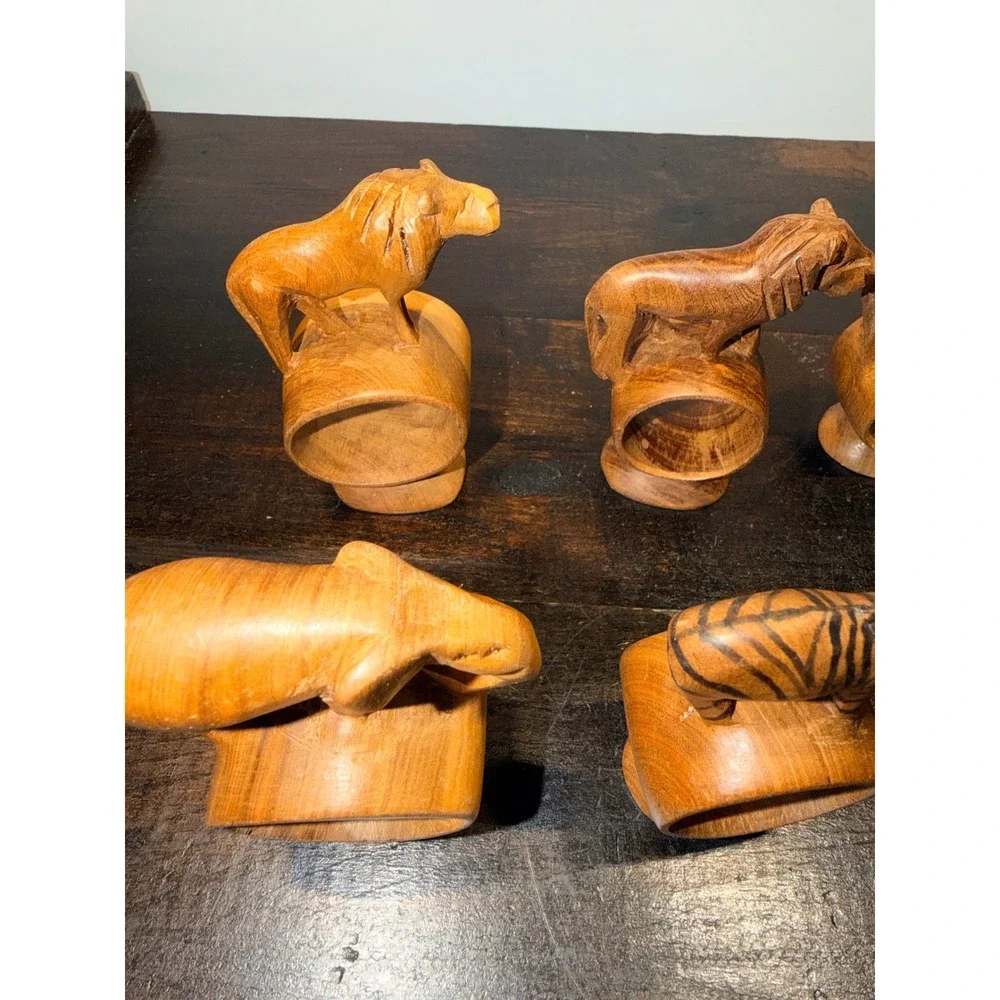 6 Hand Carved Wooden Africa Kenya‎ Safari Animal Napkin Rings
